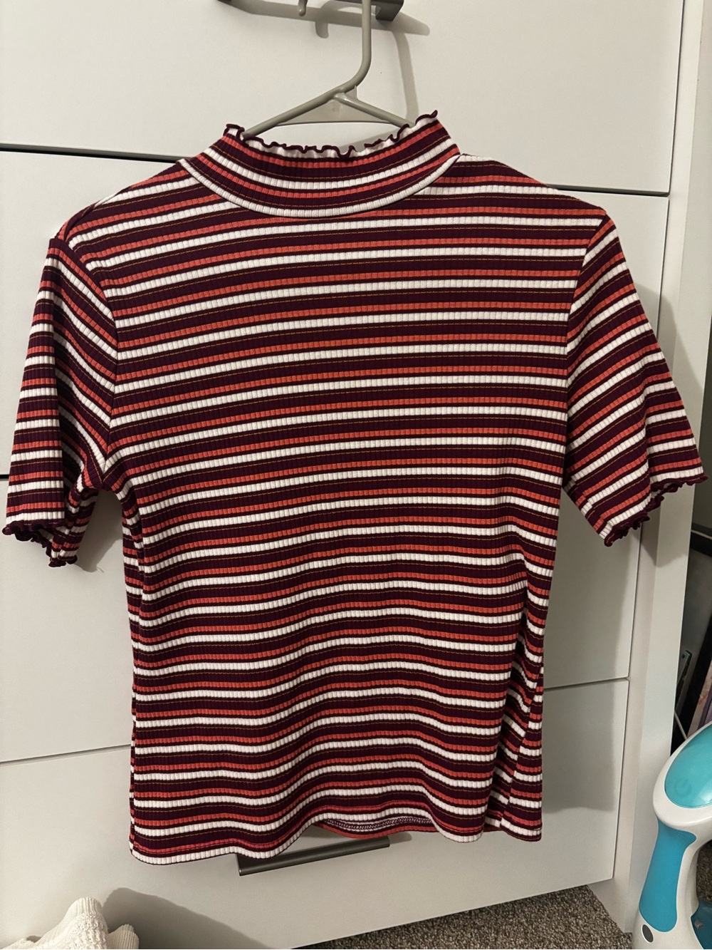 a.n.a Striped Mock Neck Short Sleeve Top in Pink, Burgundy and White